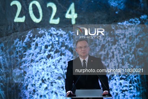 WIELICZKA, POLAND - DECEMBER 02:   
President of Poland, Andrzej Duda, speaks during the 2024 celebrations of St. Barbara's Day at the Wieli...