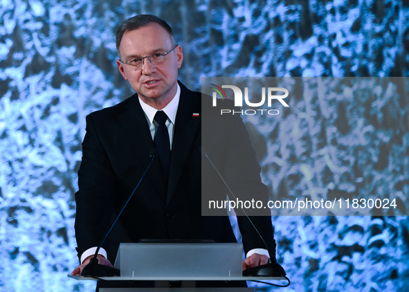 WIELICZKA, POLAND - DECEMBER 02:   
President of Poland, Andrzej Duda, speaks during the 2024 celebrations of St. Barbara's Day at the Wieli...