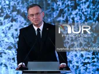 WIELICZKA, POLAND - DECEMBER 02:   
President of Poland, Andrzej Duda, speaks during the 2024 celebrations of St. Barbara's Day at the Wieli...