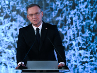 WIELICZKA, POLAND - DECEMBER 02:   
President of Poland, Andrzej Duda, speaks during the 2024 celebrations of St. Barbara's Day at the Wieli...