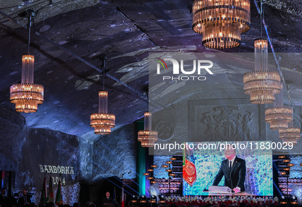 WIELICZKA, POLAND - DECEMBER 02:   
President of Poland, Andrzej Duda, speaks during the 2024 celebrations of St. Barbara's Day at the Wieli...