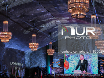 WIELICZKA, POLAND - DECEMBER 02:   
President of Poland, Andrzej Duda, speaks during the 2024 celebrations of St. Barbara's Day at the Wieli...