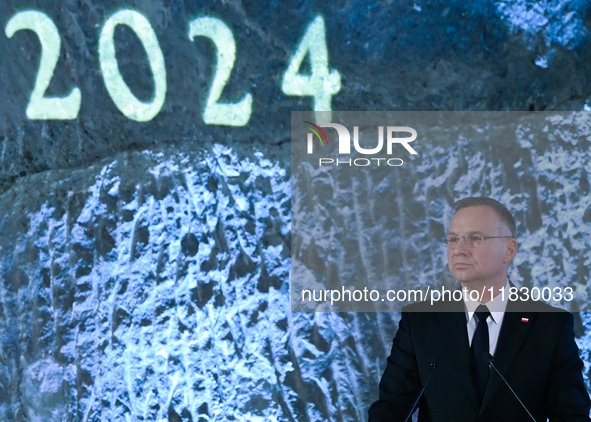 WIELICZKA, POLAND - DECEMBER 02:   
President of Poland, Andrzej Duda, speaks during the 2024 celebrations of St. Barbara's Day at the Wieli...