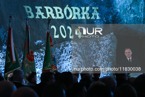 WIELICZKA, POLAND - DECEMBER 02:   
President of Poland, Andrzej Duda, speaks during the 2024 celebrations of St. Barbara's Day at the Wieli...