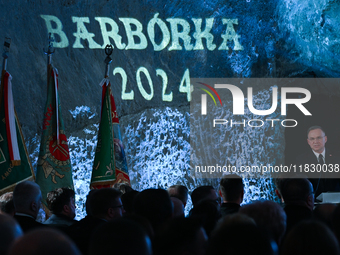 WIELICZKA, POLAND - DECEMBER 02:   
President of Poland, Andrzej Duda, speaks during the 2024 celebrations of St. Barbara's Day at the Wieli...