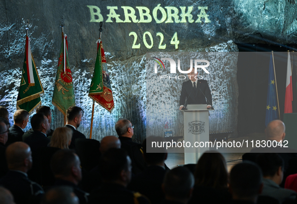 WIELICZKA, POLAND - DECEMBER 02:   
President of Poland, Andrzej Duda, speaks during the 2024 celebrations of St. Barbara's Day at the Wieli...