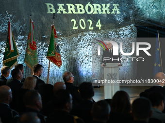 WIELICZKA, POLAND - DECEMBER 02:   
President of Poland, Andrzej Duda, speaks during the 2024 celebrations of St. Barbara's Day at the Wieli...