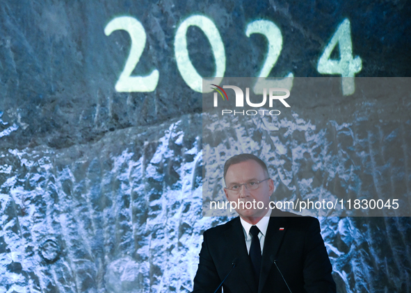 WIELICZKA, POLAND - DECEMBER 02:   
President of Poland, Andrzej Duda, speaks during the 2024 celebrations of St. Barbara's Day at the Wieli...