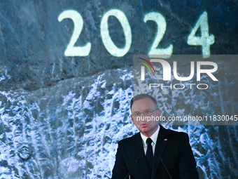 WIELICZKA, POLAND - DECEMBER 02:   
President of Poland, Andrzej Duda, speaks during the 2024 celebrations of St. Barbara's Day at the Wieli...