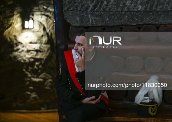 WIELICZKA, POLAND - DECEMBER 02:   
A miner seen during the 2024 St. Barbara's Day celebrations at the Wieliczka Salt Mine, Danilowicz Shaft...