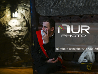 WIELICZKA, POLAND - DECEMBER 02:   
A miner seen during the 2024 St. Barbara's Day celebrations at the Wieliczka Salt Mine, Danilowicz Shaft...