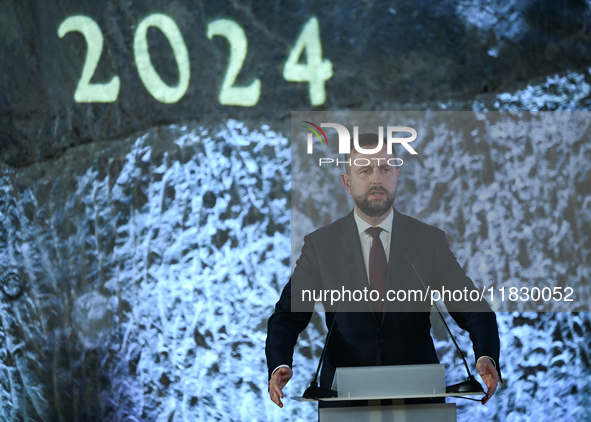 WIELICZKA, POLAND - DECEMBER 02:   
Defence Minister, Wladyslaw Kosiniak-Kamysz, speaks during the 2024 St. Barbara's Day celebrations at th...