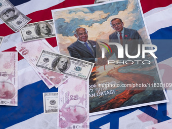 Copies of the U.S. Dollar and Turkish Lira banknotes, along with a poster featuring portraits of Turkish President Recep Tayyip Erdogan and...