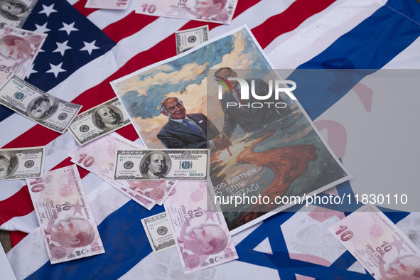 Copies of the U.S. Dollar and Turkish Lira banknotes, along with a poster featuring portraits of Turkish President Recep Tayyip Erdogan and...