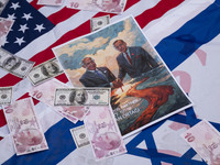 Copies of the U.S. Dollar and Turkish Lira banknotes, along with a poster featuring portraits of Turkish President Recep Tayyip Erdogan and...