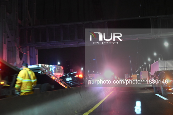 An accident with injuries and an extrication reportedly involving construction workers closes several lanes on the George Washington Bridge...