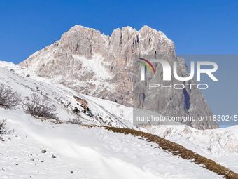 The Corno Grande peak rises above the snow-covered slopes in Campo Imperatore, Gran Sasso d'Italia, Italy, on November 16, 2024.  (