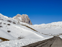 The Corno Grande peak rises above the snow-covered slopes in Campo Imperatore, Gran Sasso d'Italia, Italy, on November 16, 2024.  (