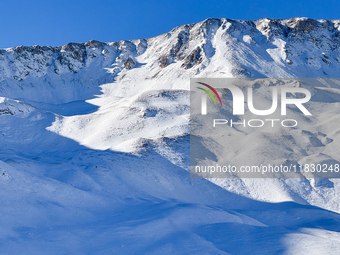 Shadows on the snow-covered slopes of the Gran Sasso massif in Campo Imperatore, Gran Sasso d'Italia, Italy, on November 16, 2024.  (