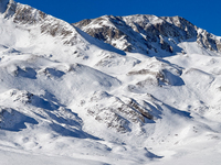 Shadows on the snow-covered slopes of the Gran Sasso massif in Campo Imperatore, Gran Sasso d'Italia, Italy, on November 16, 2024.  (