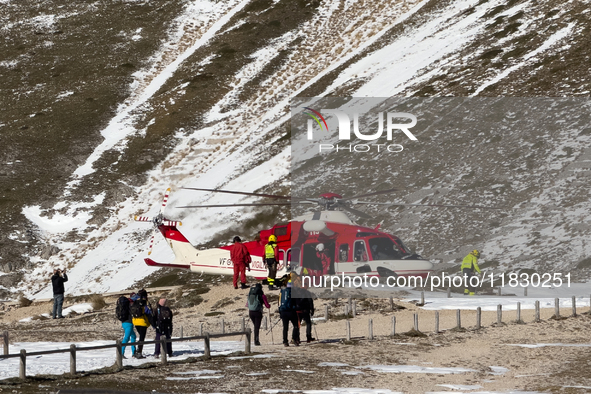 A rescue helicopter is seen in Campo Imperatore, Gran Sasso d'Italia, Italy, on November 16, 2024.  