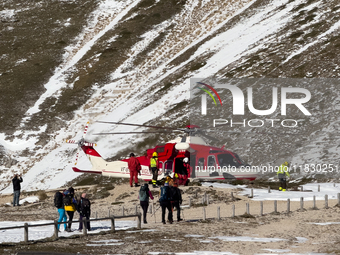 A rescue helicopter is seen in Campo Imperatore, Gran Sasso d'Italia, Italy, on November 16, 2024.  (