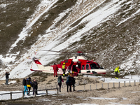 A rescue helicopter is seen in Campo Imperatore, Gran Sasso d'Italia, Italy, on November 16, 2024.  (