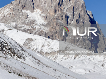 The Corno Grande peak is seen above a snow-covered road in Campo Imperatore, Gran Sasso d'Italia, Italy, on November 16, 2024.  (