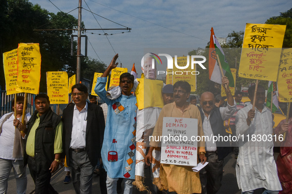 An effigy of Muhammad Yunus is seen during a protest organized by the South Kolkata District Congress in Kolkata, India, on December 3, 2024...