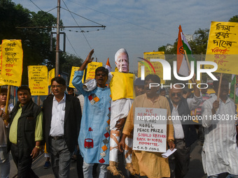 An effigy of Muhammad Yunus is seen during a protest organized by the South Kolkata District Congress in Kolkata, India, on December 3, 2024...