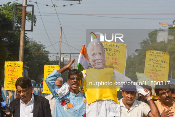 An effigy of Muhammad Yunus is seen during a protest organized by the South Kolkata District Congress in Kolkata, India, on December 3, 2024...