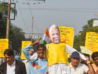 An effigy of Muhammad Yunus is seen during a protest organized by the South Kolkata District Congress in Kolkata, India, on December 3, 2024...