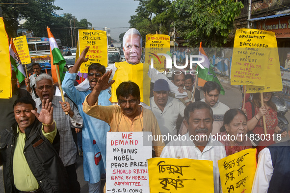 An effigy of Muhammad Yunus is seen during a protest organized by the South Kolkata District Congress in Kolkata, India, on December 3, 2024...