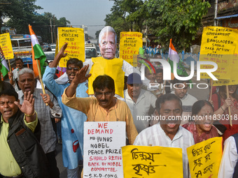 An effigy of Muhammad Yunus is seen during a protest organized by the South Kolkata District Congress in Kolkata, India, on December 3, 2024...