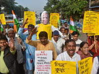 An effigy of Muhammad Yunus is seen during a protest organized by the South Kolkata District Congress in Kolkata, India, on December 3, 2024...