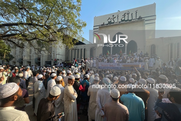 Islami Andolon Bangladesh stages a demonstration procession at the Baitul Mukarram mosque area in Dhaka, Bangladesh, on December 3, 2024. Th...