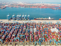 Several freighters load and unload cargo at the fully automated terminal of Qingdao Port in Qingdao, China, on December 3, 2024. (