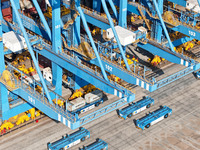 An automatic guided vehicle waits to deliver goods under a bridge crane at a fully automated terminal in Qingdao Port in Qingdao, China, on...