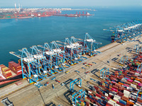 Several freighters load and unload cargo at the fully automated terminal of Qingdao Port in Qingdao, China, on December 3, 2024. (