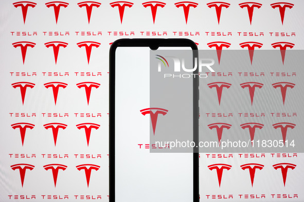 The Tesla logo appears on a smartphone screen and on a computer screen in this photo illustration in Athens, Greece, on December 3, 2024. (P...