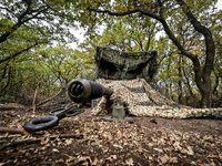 A howitzer is under a camouflage net as the artillerymen of the Khyzhak Patrol Police Special Unit are on a combat mission at the positions...