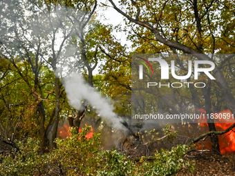 In Donetsk region, Ukraine, on October 25, 2024, the artillerymen of the Khyzhak Patrol Police Special Unit fire a howitzer at the positions...