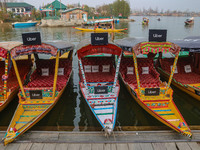 Uber signs are displayed on ''Shikaras'' or small boats after Uber launches its first water transport service on the waters of Dal Lake, in...