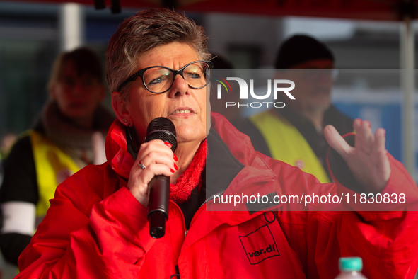 Henrike Eickholt, head of the state department of NRW, speaks during the rally at Harmonie Square in Rheydt, Germany, on December 3, 2024, d...