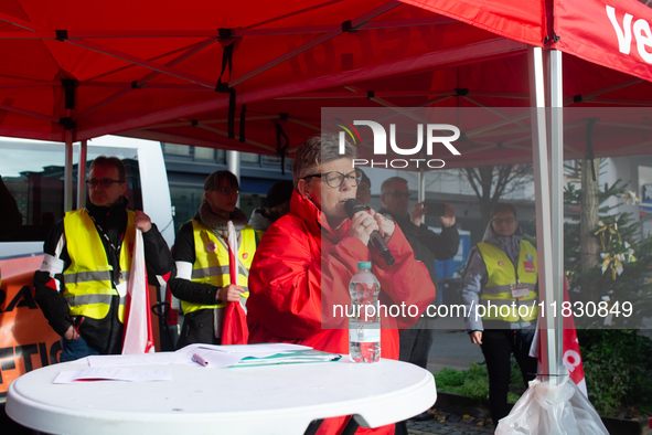 Henrike Eickholt, head of the state department of NRW, speaks during the rally at Harmonie Square in Rheydt, Germany, on December 3, 2024, d...