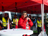 Henrike Eickholt, head of the state department of NRW, speaks during the rally at Harmonie Square in Rheydt, Germany, on December 3, 2024, d...