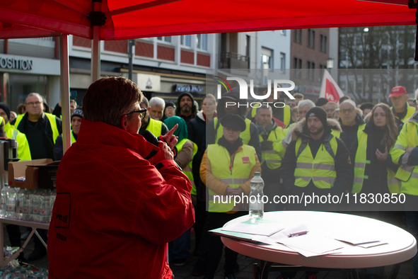 Henrike Eickholt, head of the state department of NRW, speaks during the rally at Harmonie Square in Rheydt, Germany, on December 3, 2024, d...