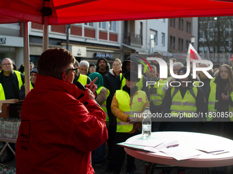 Henrike Eickholt, head of the state department of NRW, speaks during the rally at Harmonie Square in Rheydt, Germany, on December 3, 2024, d...