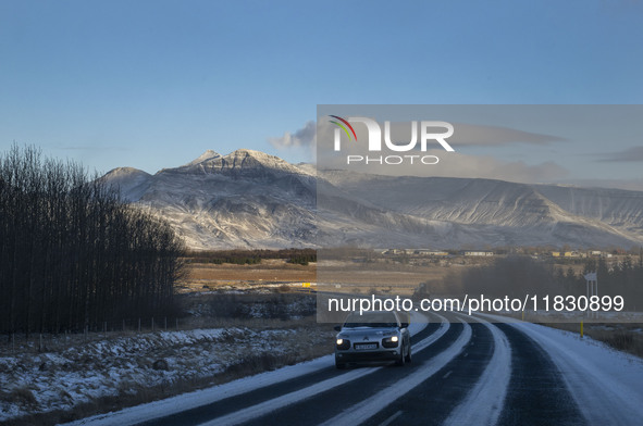 The scenario of Route 1 (Ring Road) in the Melaverfi area, Iceland, on November 27, 2024, shows that roads in northern Iceland present uniqu...