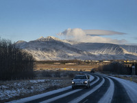 The scenario of Route 1 (Ring Road) in the Melaverfi area, Iceland, on November 27, 2024, shows that roads in northern Iceland present uniqu...